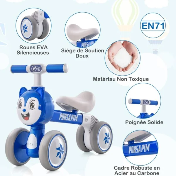 Draisienne Enfants avec 4 Roues en EVA Vélo d'équilibre Bébé sans Pédale avec Direction 135° Guidon Antidérapant Charge 25kg pour Enfants de 10 à 36 Mois Bleu