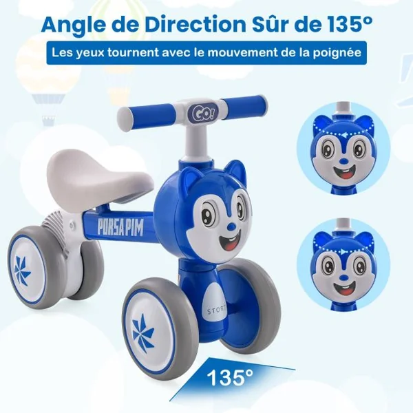 Draisienne Enfants avec 4 Roues en EVA Vélo d'équilibre Bébé sans Pédale avec Direction 135° Guidon Antidérapant Charge 25kg pour Enfants de 10 à 36 Mois Bleu