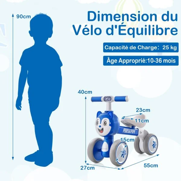 Draisienne Enfants avec 4 Roues en EVA Vélo d'équilibre Bébé sans Pédale avec Direction 135° Guidon Antidérapant Charge 25kg pour Enfants de 10 à 36 Mois Bleu