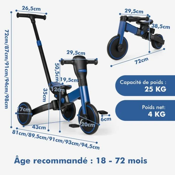 Draisiennes Tricycle pour Enfants 4 en 1 Pliable Poignée de Poussée Réglable Pédales Amovibles pour 18 Mois à 6 ans Rose