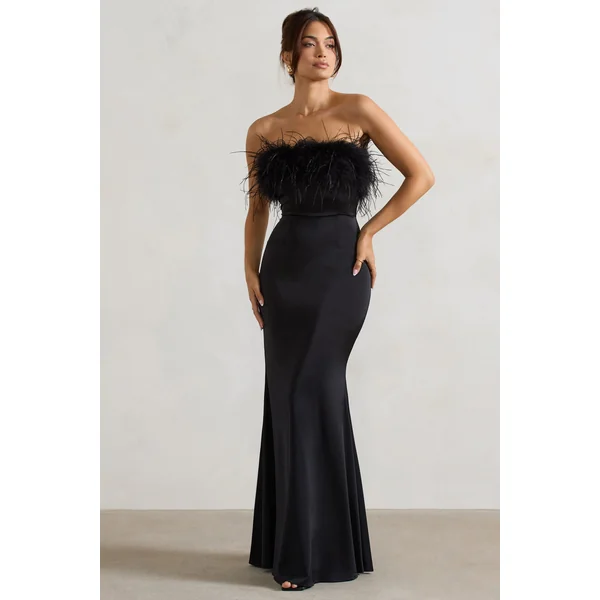 Dress For It | Robe longue en satin noir avec bordure en plumes