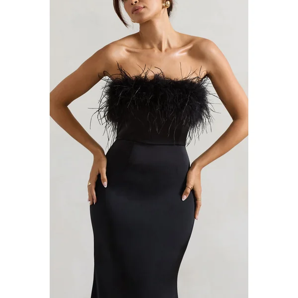 Dress For It | Robe longue en satin noir avec bordure en plumes