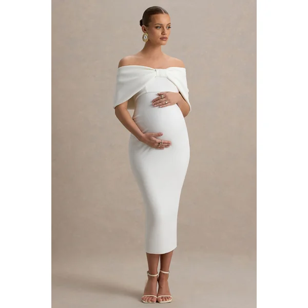 Droplet | Robe mi-longue de maternité blanche à nœud bardot