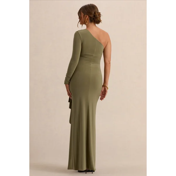 Drusilla | Robe longue de maternité olive à encolure asymétrique avec détails froncés