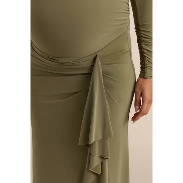 Drusilla | Robe longue de maternité olive à encolure asymétrique avec détails froncés