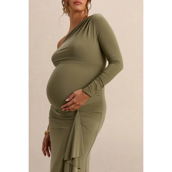 Drusilla | Robe longue de maternité olive à encolure asymétrique avec détails froncés