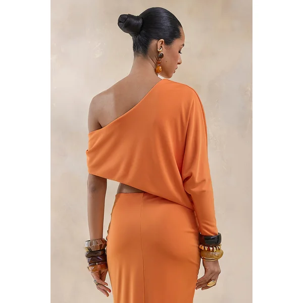 Dua | Haut orange asymétrique à une manche drapée