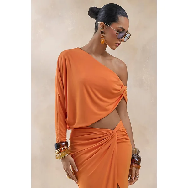 Dua | Haut orange asymétrique à une manche drapée