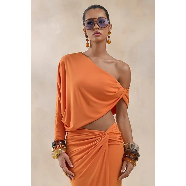 Dua | Haut orange asymétrique à une manche drapée