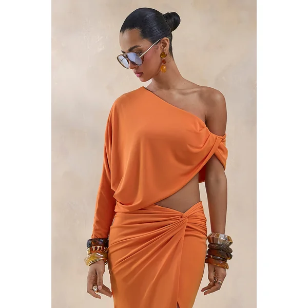 Dua | Haut orange asymétrique à une manche drapée