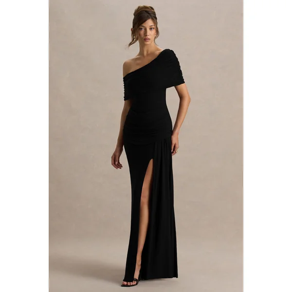 Dynasty | Robe longue noire à encolure asymétrique avec détails froncés et fente haute sur le devant
