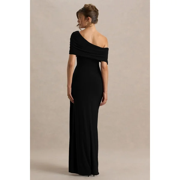 Dynasty | Robe longue noire à encolure asymétrique avec détails froncés et fente haute sur le devant