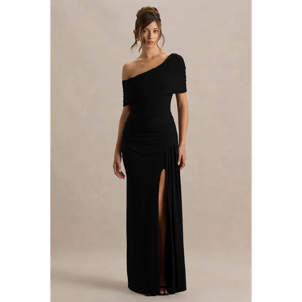 Dynasty | Robe longue noire à encolure asymétrique avec détails froncés et fente haute sur le devant
