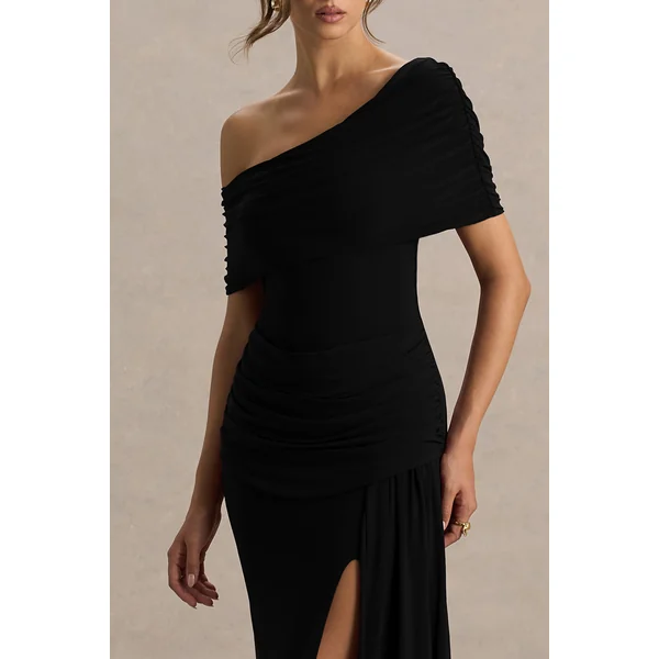 Dynasty | Robe longue noire à encolure asymétrique avec détails froncés et fente haute sur le devant