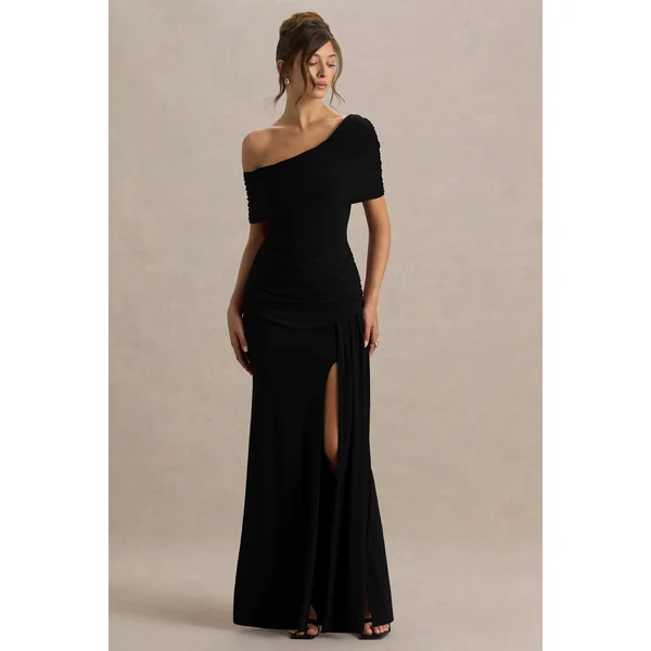 Dynasty | Robe longue noire à encolure asymétrique avec détails froncés et fente haute sur le devant