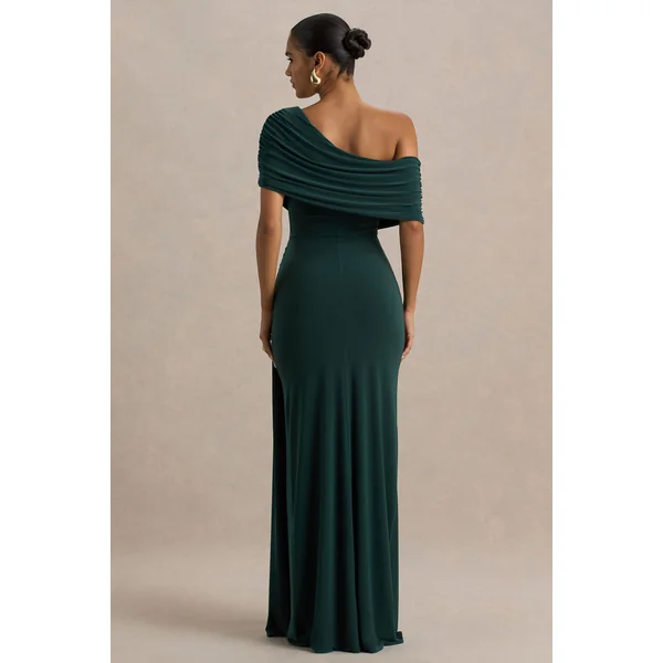 Dynasty | Robe longue vert foncé à col asymétrique avec drapé et fente haute sur le devant
