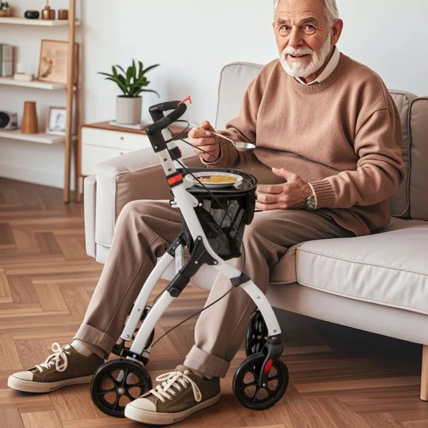 Déambulateur Pliant à 4 Roues&Freins Charge 136KG Rollator Médical Léger Hauteur Réglable avec Poignée Plateau Panier de Rangement Blanc
