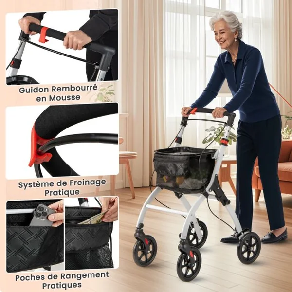 Déambulateur Pliant à 4 Roues&Freins Charge 136KG Rollator Médical Léger Hauteur Réglable avec Poignée Plateau Panier de Rangement Blanc