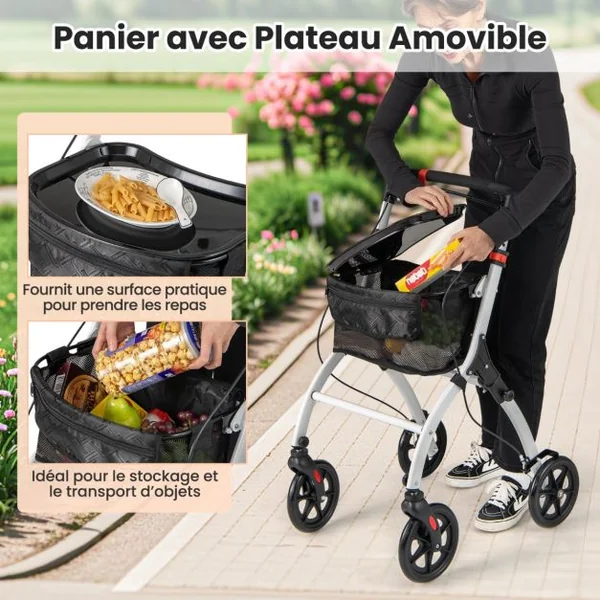 Déambulateur Pliant à 4 Roues&Freins Charge 136KG Rollator Médical Léger Hauteur Réglable avec Poignée Plateau Panier de Rangement Blanc