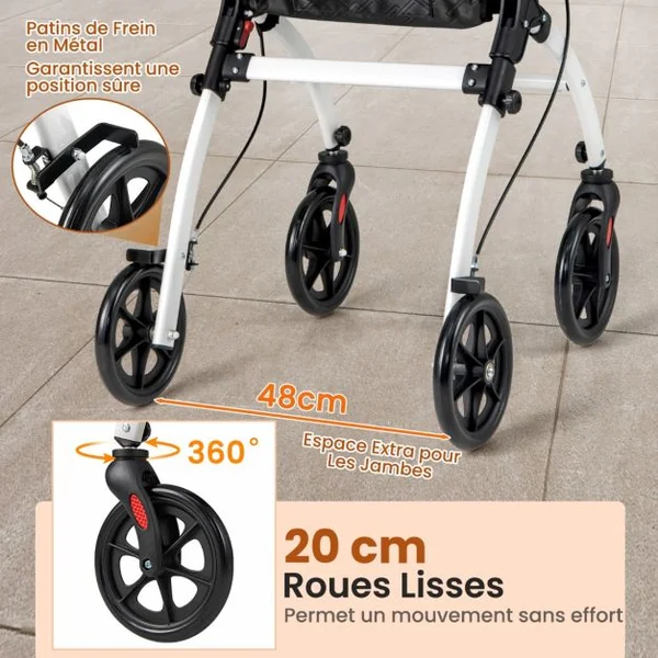 Déambulateur Pliant à 4 Roues&Freins Charge 136KG Rollator Médical Léger Hauteur Réglable avec Poignée Plateau Panier de Rangement Blanc