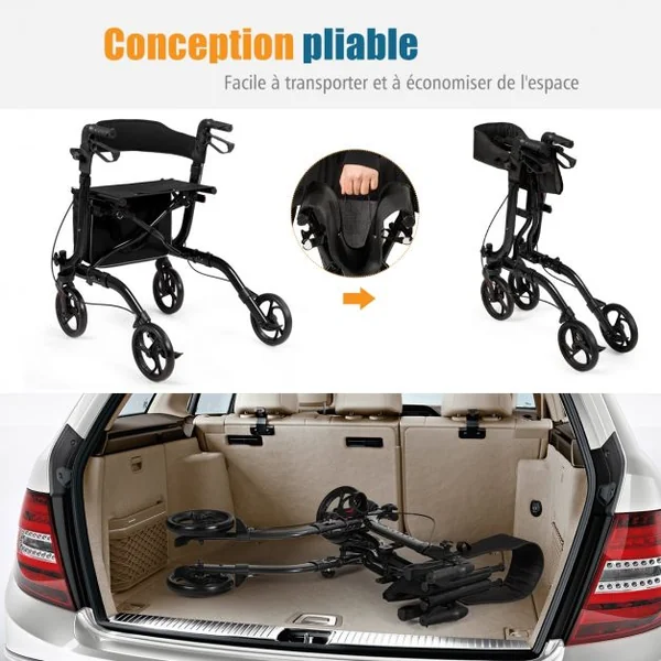 Déambulateur à 4 Roues Pliable avec Frein en Aluminium Hauteur Réglable 82-94,5cm Charge Max.135KG Noir
