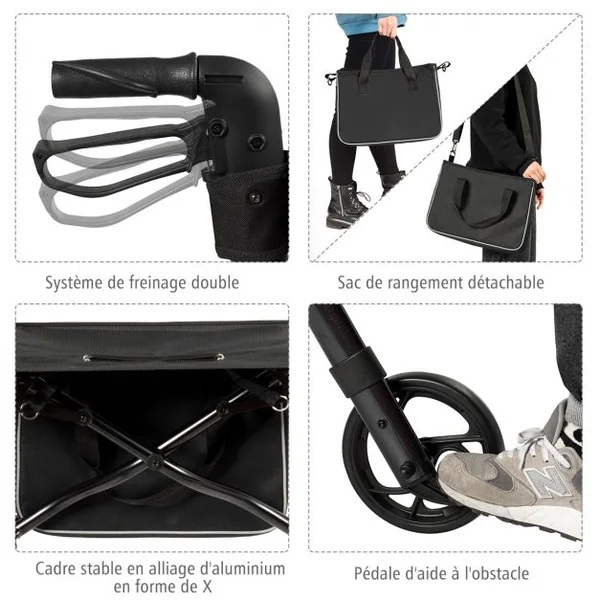 Déambulateur à 4 Roues Pliable avec Frein en Aluminium Hauteur Réglable 82-94,5cm Charge Max.135KG Noir