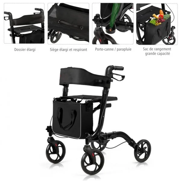 Déambulateur à 4 Roues Pliable avec Frein en Aluminium Hauteur Réglable 82-94,5cm Charge Max.135KG Noir