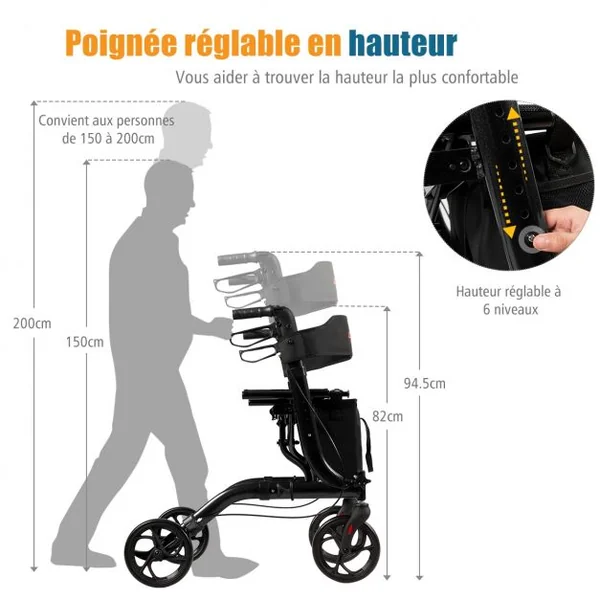 Déambulateur à 4 Roues Pliable avec Frein en Aluminium Hauteur Réglable 82-94,5cm Charge Max.135KG Noir