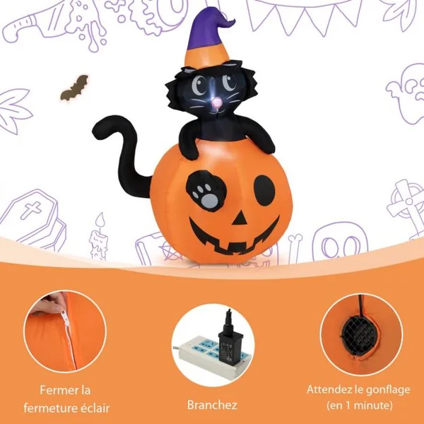 Décoration de Citrouille Gonflable Halloween Chat Noir sur Citrouille 150 cm avec Chapeau de Sorcier Lumières LED Gonfleur