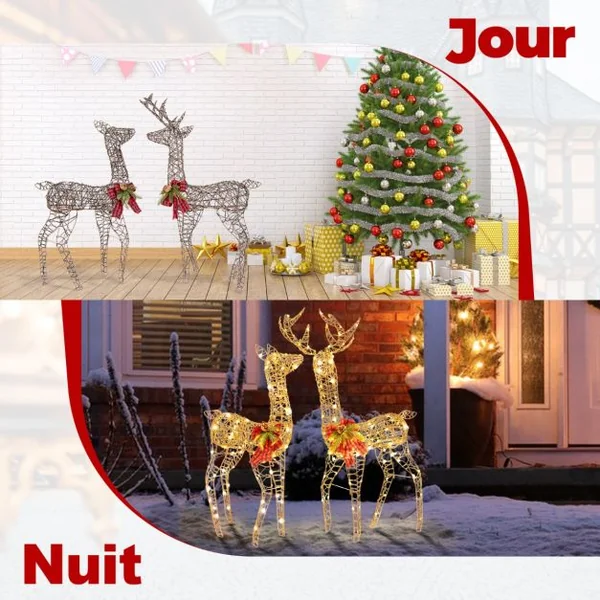 Décoration de Noël 200 Lumières Blanches Chaudes Biche de 100 cm et Cerf de 110 cm Éclairées Fonction Minutée Décoration du Nouvel An avec 8 Piquets
