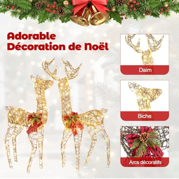Décoration de Noël 200 Lumières Blanches Chaudes Biche de 100 cm et Cerf de 110 cm Éclairées Fonction Minutée Décoration du Nouvel An avec 8 Piquets