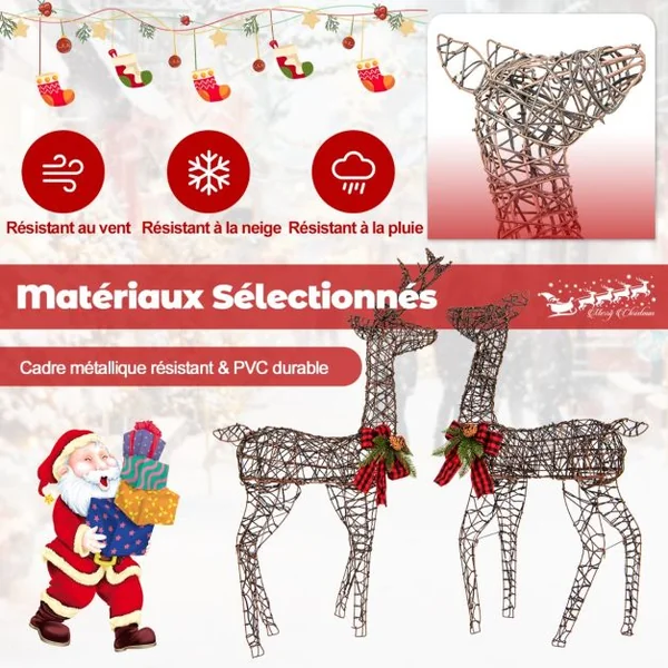 Décoration de Noël 200 Lumières Blanches Chaudes Biche de 100 cm et Cerf de 110 cm Éclairées Fonction Minutée Décoration du Nouvel An avec 8 Piquets
