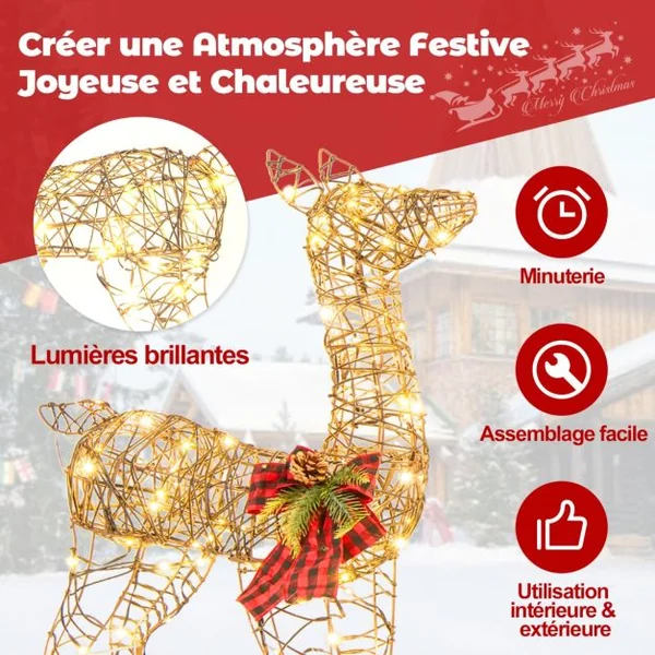 Décoration de Noël 200 Lumières Blanches Chaudes Biche de 100 cm et Cerf de 110 cm Éclairées Fonction Minutée Décoration du Nouvel An avec 8 Piquets