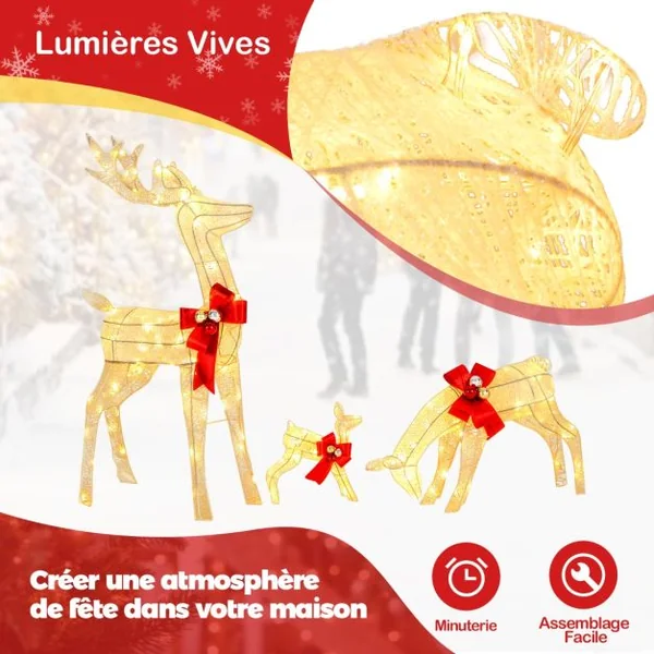 Décoration de Noël 200 Lumières Blanches Chaudes Famille Cerfs Éclairées Fonction Minutée Décoration du Nouvel An avec 10 Piquets
