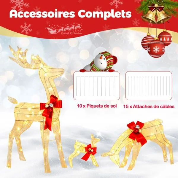 Décoration de Noël 200 Lumières Blanches Chaudes Famille Cerfs Éclairées Fonction Minutée Décoration du Nouvel An avec 10 Piquets