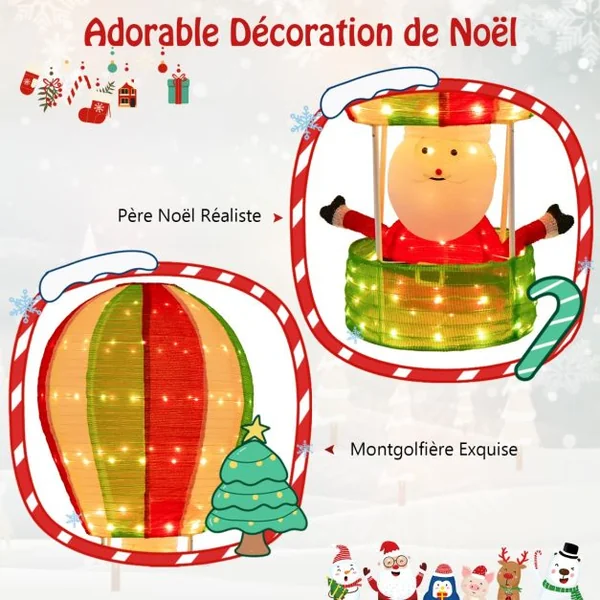 Décoration de Noël de 135 cm avec Père Noël et Montgolfière Décoration de Noël Éclairée avec 160 Lumières Chaudes pour l’Intérieur et l’Extérieur