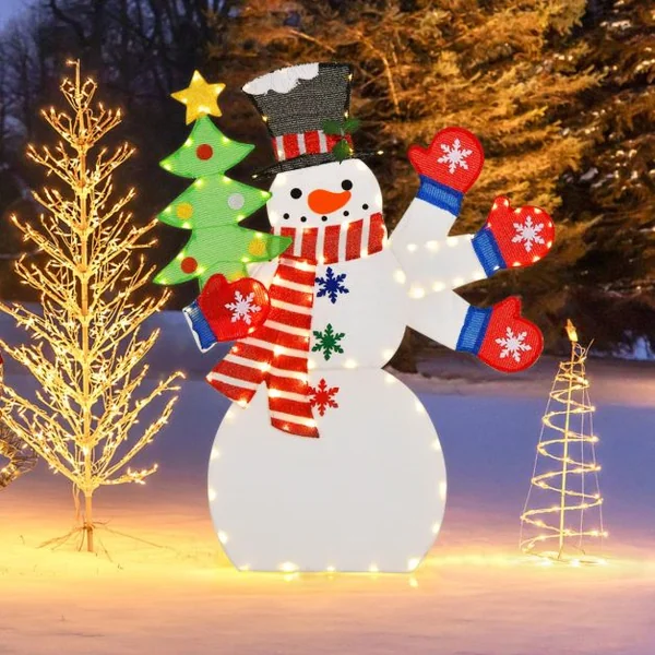 Décoration de Noël en Bonhomme de Neige de 123 cm Bonhomme de Neige Éclairé avec Main Ondulée 140 Lumières LED Pré-éclairées Chaudes Piquets de Sol