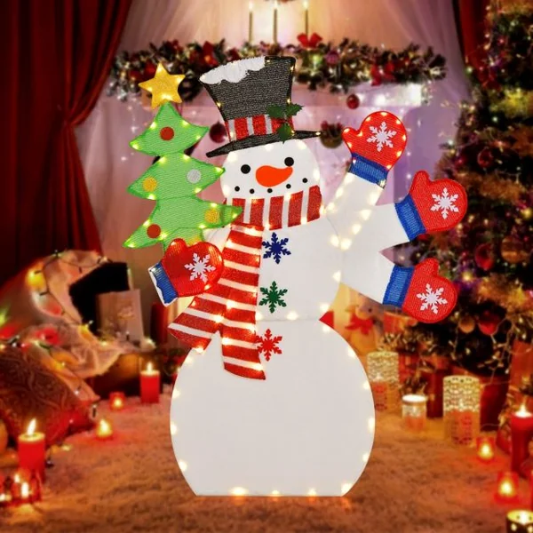 Décoration de Noël en Bonhomme de Neige de 123 cm Bonhomme de Neige Éclairé avec Main Ondulée 140 Lumières LED Pré-éclairées Chaudes Piquets de Sol