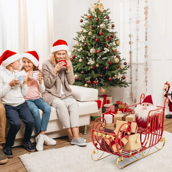 Décoration de Noël en Forme de Traîneau du Père Noël en Métal Grand Espace de Chargement pour Cadeaux Étoiles Dorées Volutes Élégantes