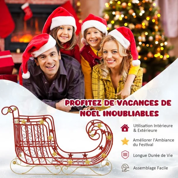 Décoration de Noël en Forme de Traîneau du Père Noël en Métal Grand Espace de Chargement pour Cadeaux Étoiles Dorées Volutes Élégantes