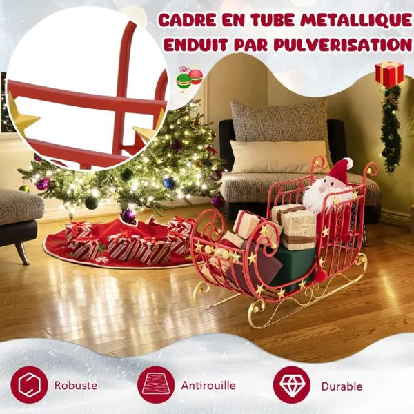 Décoration de Noël en Forme de Traîneau du Père Noël en Métal Grand Espace de Chargement pour Cadeaux Étoiles Dorées Volutes Élégantes