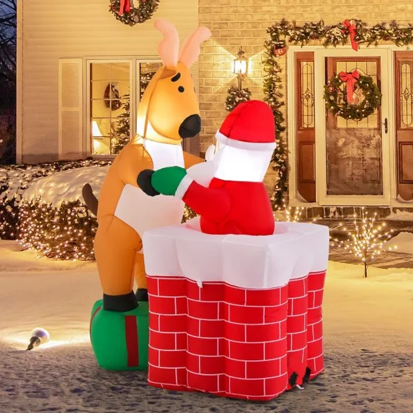 Décoration de Noël Gonflable de 155 cm avec Lumières LED Intégrées Cheminée Renne Debout sur Une Boîte Cadeau et Père Noël Gonflable