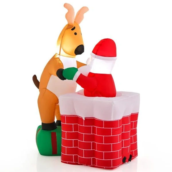 Décoration de Noël Gonflable de 155 cm avec Lumières LED Intégrées Cheminée Renne Debout sur Une Boîte Cadeau et Père Noël Gonflable