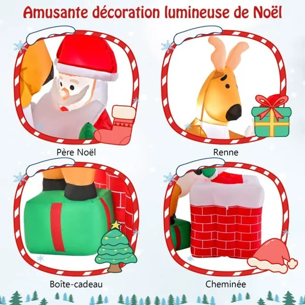 Décoration de Noël Gonflable de 155 cm avec Lumières LED Intégrées Cheminée Renne Debout sur Une Boîte Cadeau et Père Noël Gonflable