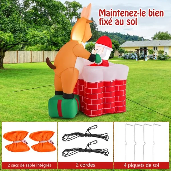 Décoration de Noël Gonflable de 155 cm avec Lumières LED Intégrées Cheminée Renne Debout sur Une Boîte Cadeau et Père Noël Gonflable