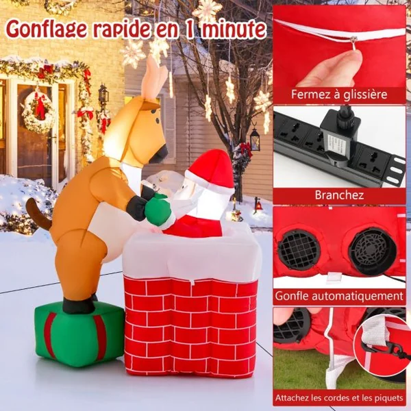 Décoration de Noël Gonflable de 155 cm avec Lumières LED Intégrées Cheminée Renne Debout sur Une Boîte Cadeau et Père Noël Gonflable