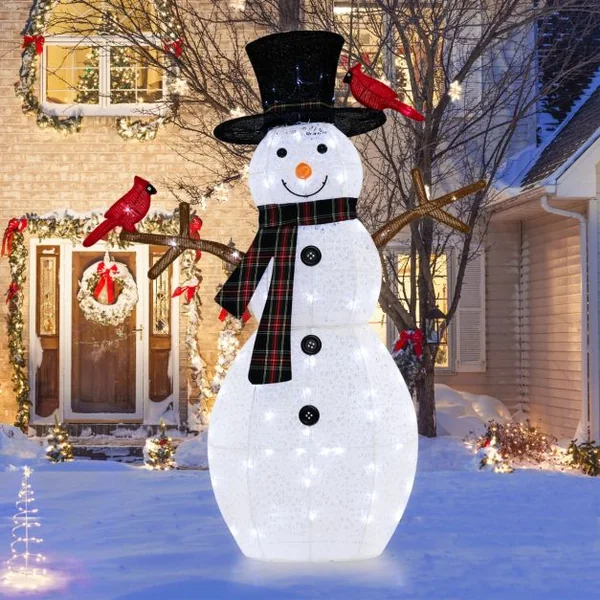 Décoration de Noël Illuminée 127 cm en Forme de Bonhomme de Neige avec des Oiseaux Rouges Pré-éclairé avec LED Blanc Froid Piquets de Noël