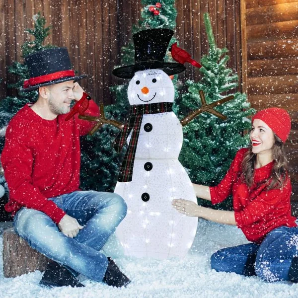 Décoration de Noël Illuminée 127 cm en Forme de Bonhomme de Neige avec des Oiseaux Rouges Pré-éclairé avec LED Blanc Froid Piquets de Noël