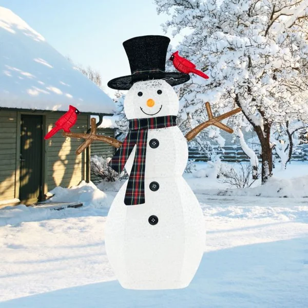 Décoration de Noël Illuminée 127 cm en Forme de Bonhomme de Neige avec des Oiseaux Rouges Pré-éclairé avec LED Blanc Froid Piquets de Noël