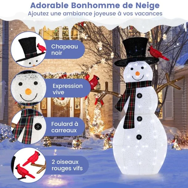 Décoration de Noël Illuminée 127 cm en Forme de Bonhomme de Neige avec des Oiseaux Rouges Pré-éclairé avec LED Blanc Froid Piquets de Noël